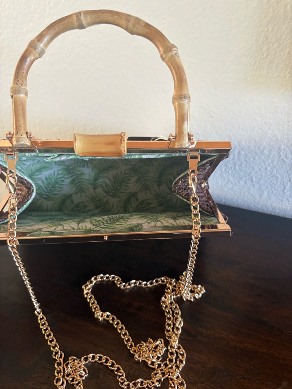 Tommy Bahama Brown Woven Satchel with Bamboo Handle - Picture 3 of 4